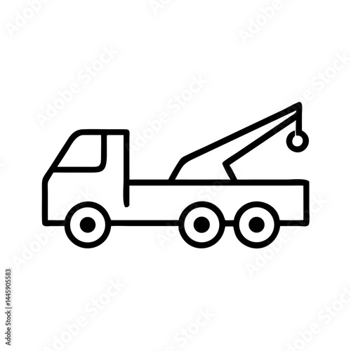 Minimalist black tow truck icon with hook, flat vector outline symbol of roadside assistance or technical support, isolated on white background