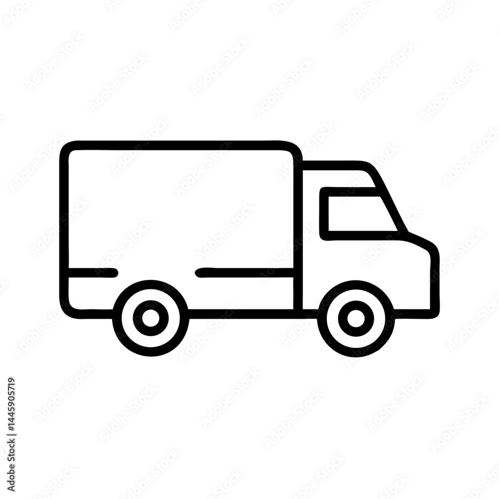 Delivery truck side view icon in black outline style, cargo transportation symbol for logistics apps, freight management systems or commercial transport interfaces Delivery truck side view icon in black outline style, cargo transportation symbol for logistics apps, freight management systems or commercial transport interfaces