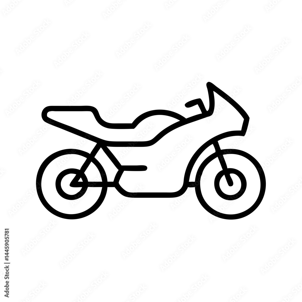 Motorcycle side view icon in black outline style, two-wheeled vehicle symbol for mobility apps, delivery services, road safety or transport infographics Motorcycle side view icon in black outline style, two-wheeled vehicle symbol for mobility apps, delivery services, road safety or transport infographics