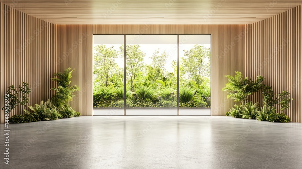 Obraz premium Modern, light-filled room with wooden walls, large windows showcasing lush greenery. Empty, spacious area with concrete floor