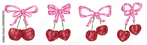 Set of cherry with pink bow and ribbon in watercolor style. Vintage coquette illustration