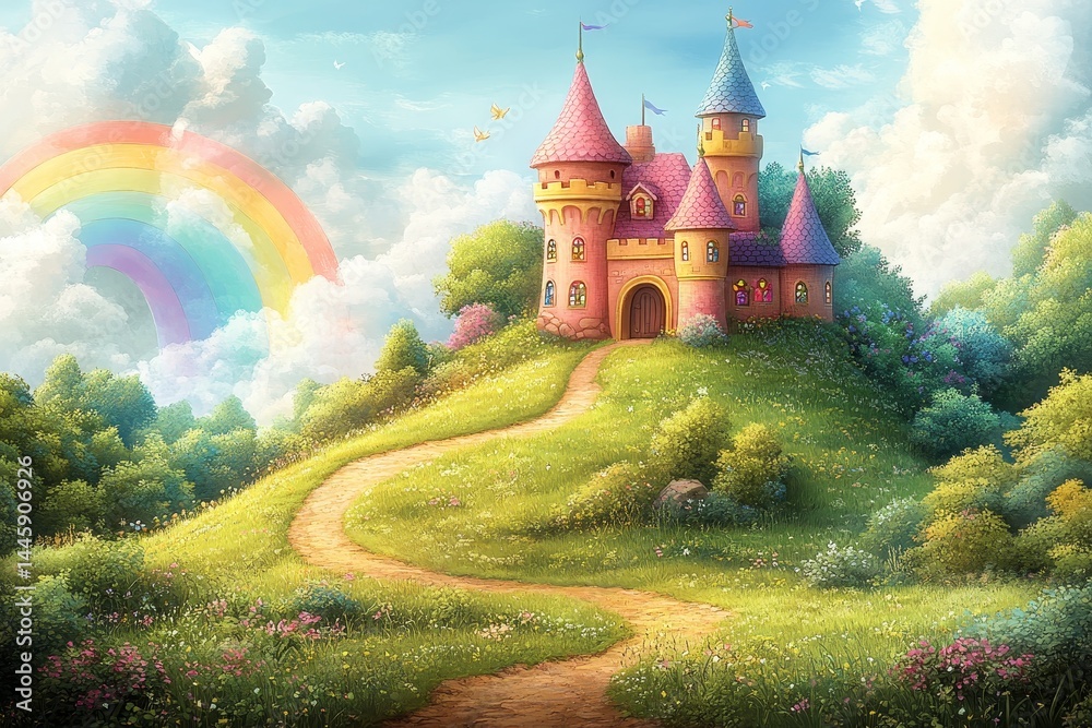 Naklejka premium Fairytale castle hilltop path rainbow