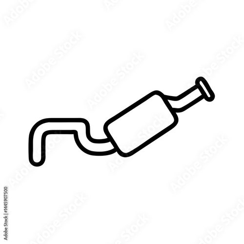 Minimalist black outline icon of car exhaust system with muffler on white background, simple automotive symbol for repair, maintenance and vehicle parts