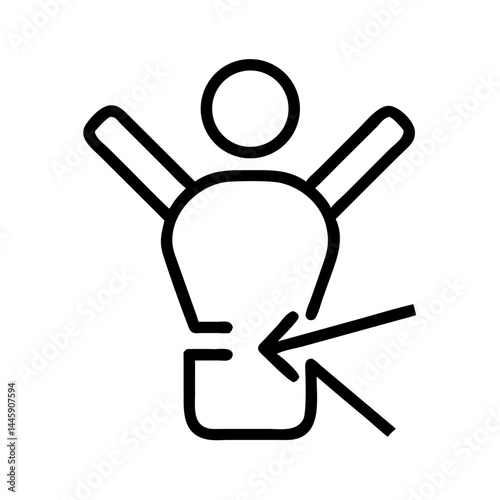 Seat belt fastening icon with torso and arrow in black outline style, safety instruction symbol for vehicles, transport apps or auto manuals