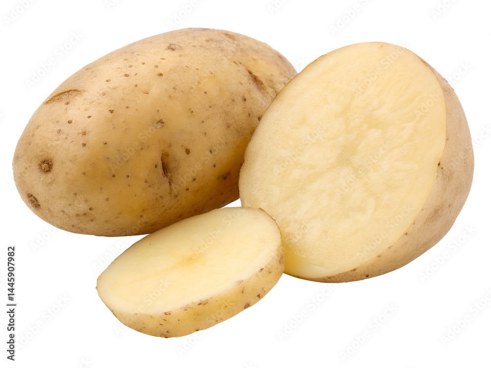 Whole and Sliced Fresh Potato Isolate on transparent background cutout, PNG file, Cutout file