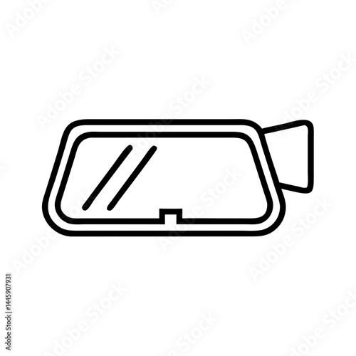 Minimalist black outline icon of rearview mirror with camera on white background, simple vector symbol for car interior, driving safety and automotive themes