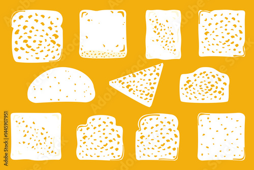 Bakery and fresh pastry pattern set. Collection of homemade bread, buns, baguettes, and assortments. Bakery and shop. Flat illustration vector elements. Isolated. Simple, colorful graphic background.
