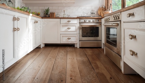 old simple white and wood kitchen with hardwood floor