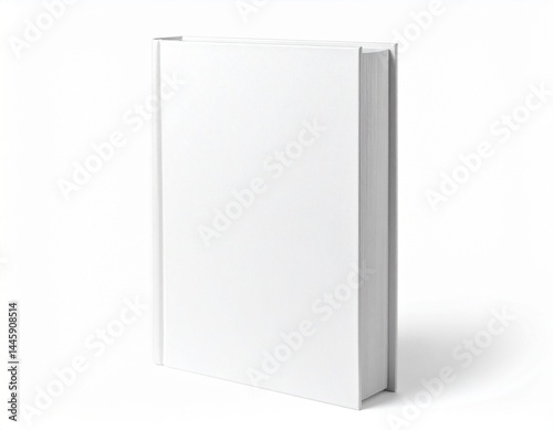 Blank hardcover book standing upright, clean white mockup for cover design isolated
