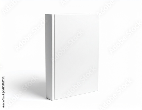 Blank hardcover book standing upright, clean white mockup for cover design isolated on white background