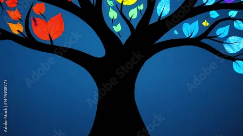 Silhouette of a Black Tree with Colorful Paper-Cut Leaves on Blue Background.