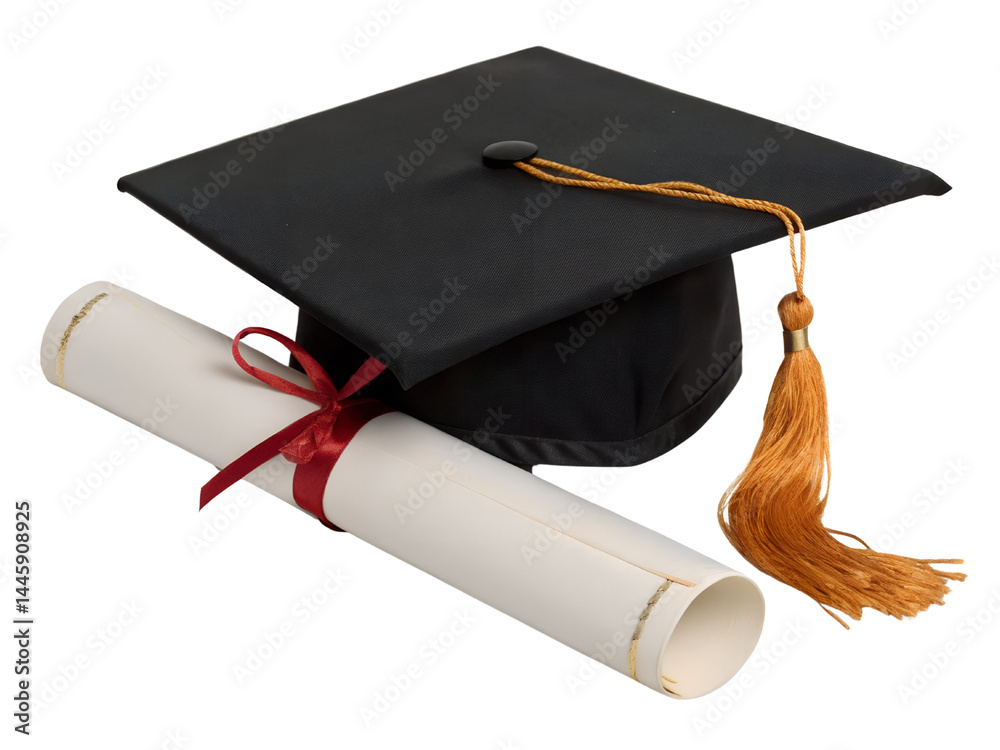 Graduation Cap and Diploma with Red Ribbon Isolate on transparent background cutout, PNG file, Cutout file