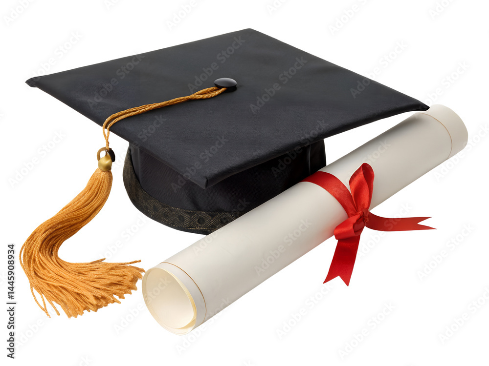 Graduation Cap and Diploma with Red Ribbon Isolate on transparent background cutout, PNG file, Cutout file