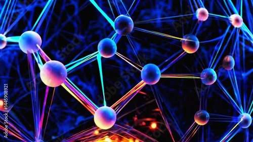 Colorful Abstract Molecule Structure with Glowing Spheres and Light Connections on Dark Background.
