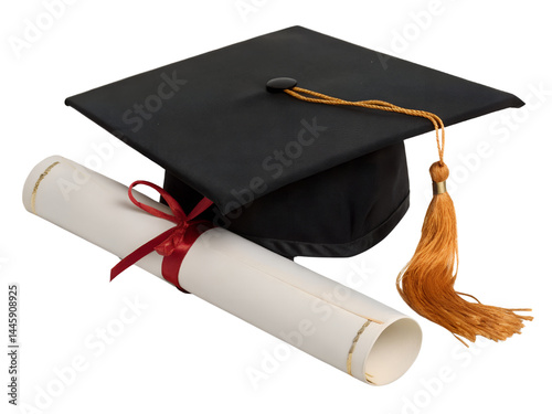 Obraz na płótnie Graduation Cap and Diploma with Red Ribbon Isolate on transparent background cutout, PNG file, Cutout file w salonie