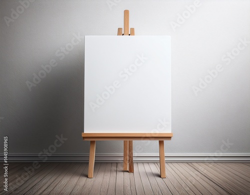 minimalist easel displaying blank canvas in an empty room isolated on white background