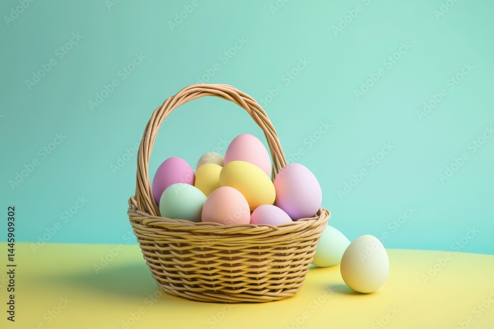 Playful basket of colorful Easter eggs in pink, purple, and yellow on bright spring background, spilling with joyful energy Playful basket of colorful Easter eggs in pink, purple, and yellow on bright spring background, spilling with joyful energy