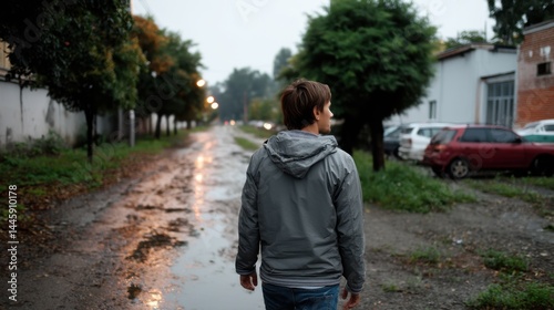 Young man walking on muddy street after rain in residential area during overcast weather