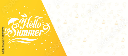 Doodle and lettering style summer banner template. Vector poster for advertising, announcements. Bright, yellow illustration in doodle style.