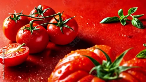 Close-Up of Fresh Ripe Tomatoes with Water Droplets on Red Background and Green Basil Leaves.