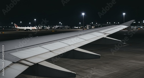 Airplane wing in an airport at night viewed from onboard. Perspective view of airplane parked on tarmac with bright light poles. Aerial travel and aviation background.