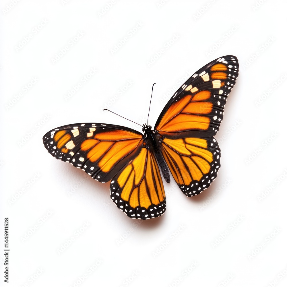 Fototapeta premium Majestic Monarch Butterfly with Vibrant Orange Wings and Striking Pattern Elegant and Delicate Insect Perched on a Leaf or Flower Close Up Nature Photography for Image Purposes