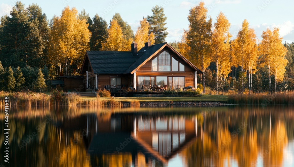 Fototapeta premium Lakeside cabin in autumn