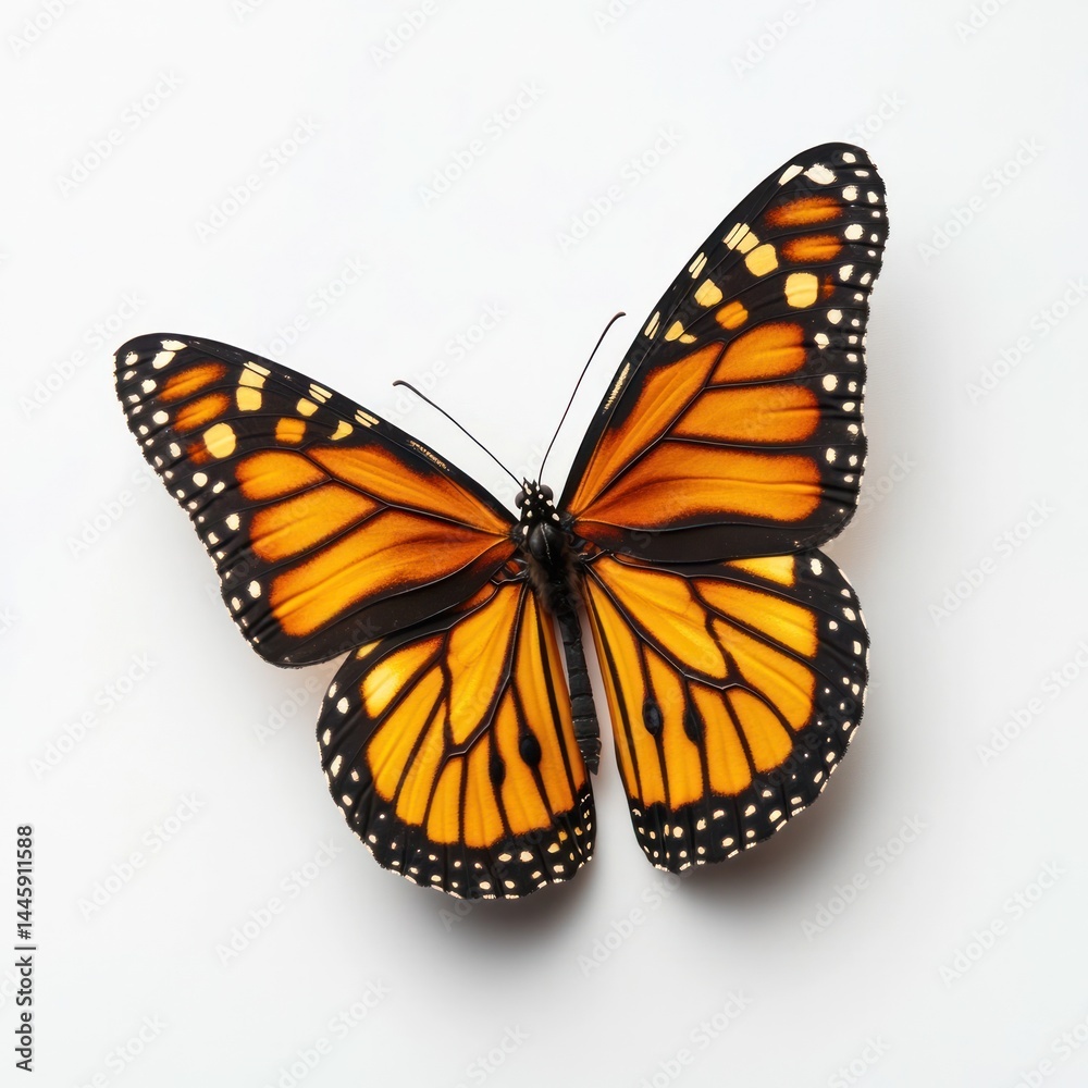 Fototapeta premium Majestic Monarch Butterfly with Vibrant Orange and Black Wings Resting on a Leaf The Monarch is an iconic butterfly known for its remarkable patterns and fragile yet elegant appearance