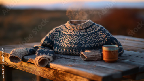 Traditional Icelandic wool sweater with snowflake patterns beside birch tea, celebrating independence and cozy heritage. photo