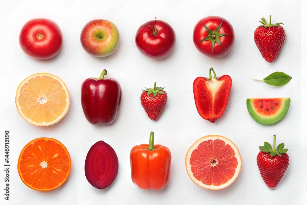Naklejka premium Assortment of Fresh Red Fruits and Vegetables on White Background 
