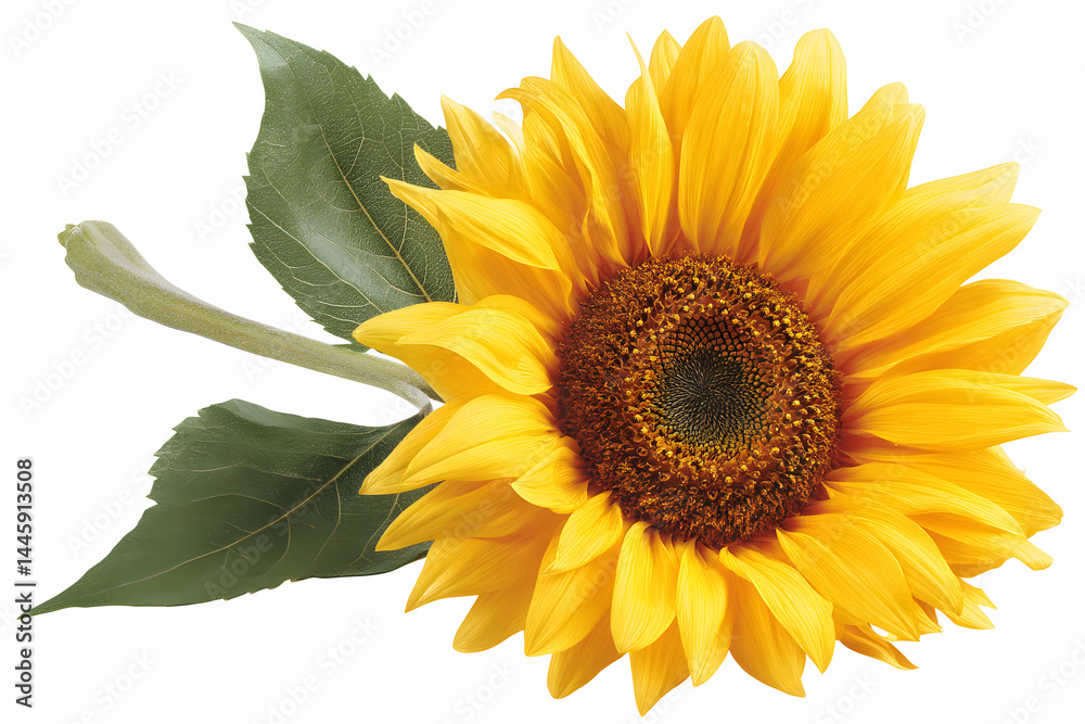 Obraz premium Bright sunflower with yellow petals, a green stem, and leaves isolated on white