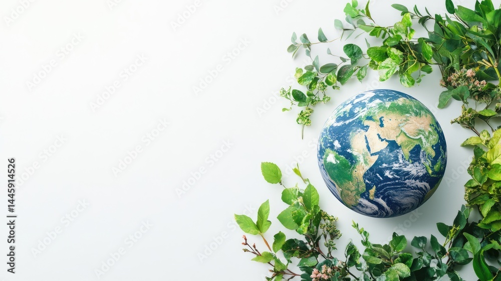 Earth Day concept with planet Earth surrounded by green leaves on white background. Earth Day concept with planet Earth surrounded by green leaves on white background.