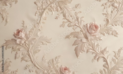 Subtle acanthus & rose pattern, pearl accents on ivory silk texture, subtle, flower, silk