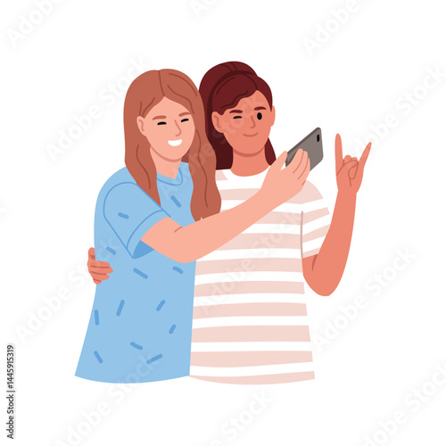 Vector illustration of girls taking selfies. Cartoon scenes of girls, fair-skinned and tanned, hugging and taking photos on smartphones isolated on white background. Girl showing rocker goat gesture.