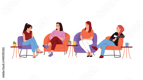Vector illustration of girls sitting at the show and talking. Cartoon scene of girls sitting in armchairs, discussing various topics, tables with cups, isolated on white background. Female podcast.