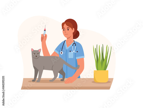 Vector illustration of a doctor veterinarian. Cartoon scene of a female veterinarian, with a stethoscope holding a syringe, a cat standing on a table, a flowerpot isolated on a white background.