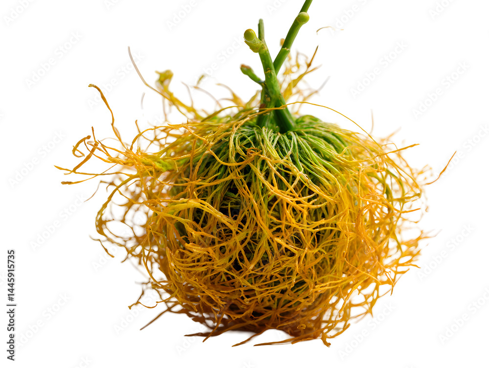 Fototapeta premium Spherical growth green stems emerge from a mass of yellow roots, isolated against a transparent background