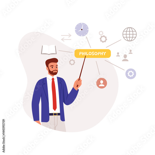 Vector illustration of a philosophy teacher. Cartoon scene of a bearded man in a suit with a tie, holding a pointer: the inscription philosophy, a clock, a book,a globe isolated on a white background.