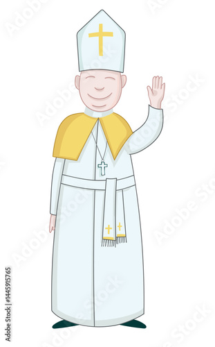 New Pope greets in cartoon style. Vertical vector illustration