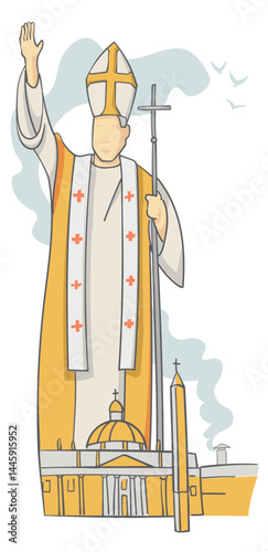  The new Pope greets the faithful from St. Peter's, as white smoke marks his election. Vertical vector illustration