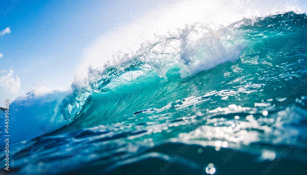Obraz premium Majestic Ocean Wave Crashing Turquoise Water, Sunlight, and Foam