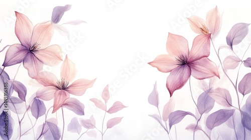 watercolor drawing of blue clematis on light backdrop. painting flowers background. illustration floral nature.  flower wallpaper for greeting cards, weddings or birthdays. Copy space. space for text