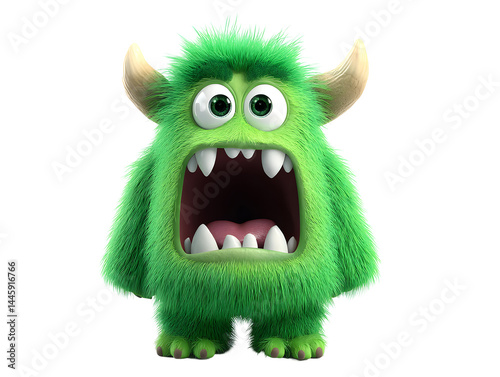 Fuzzy, green cartoon monster with horns, big eyes, and an open mouth showing sharp teeth