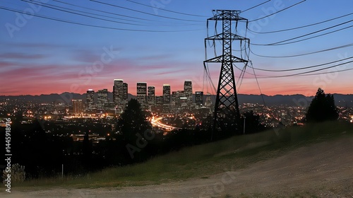 Urban smart grid integrating carbon-free energy los angeles cityscape evening aerial view renewable future