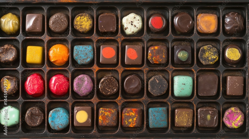 Assorted chocolates neatly arranged in rows in a luxurious candy box, perfect for gifting