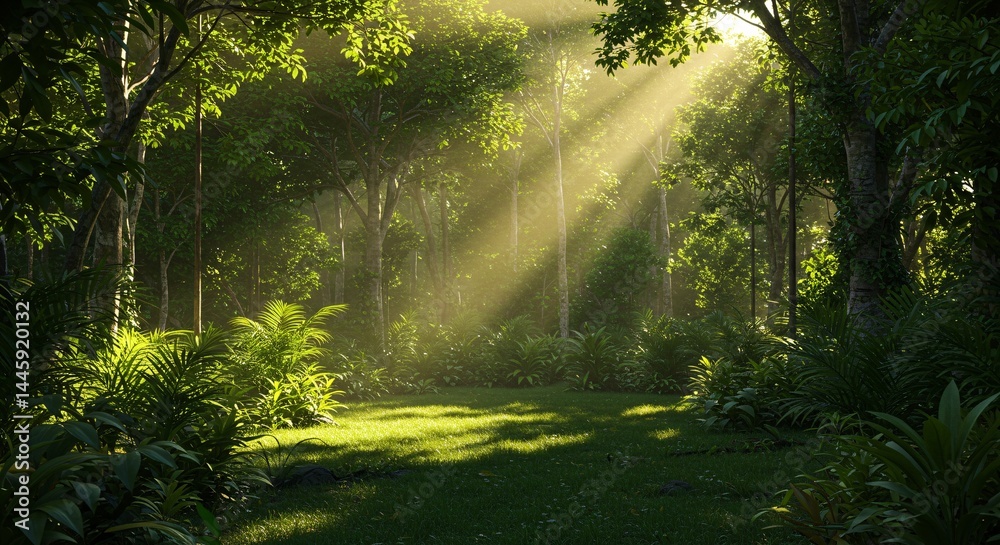 Obraz premium Sunbeams Illuminating Lush Tropical Rainforest A Serene Nature Scene