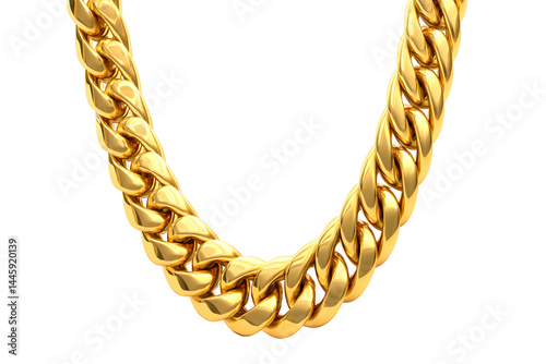 A gold chain necklace, consisting of large, interlocked curb links, isolated on a transparent background