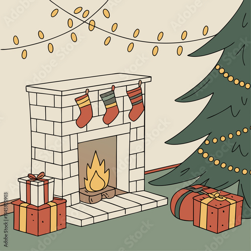 Cozy Christmas fireplace scene with stockings, gifts, and golden fairy lights