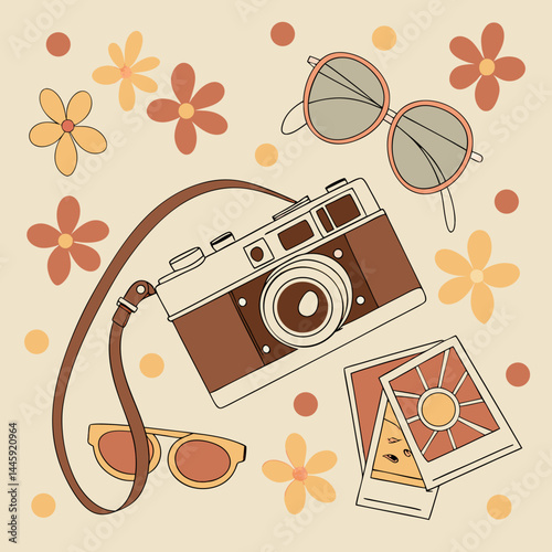 Retro film camera surrounded by blooming flowers and nostalgic photography items