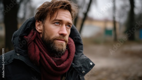 Close-up of a Bearded Man in Warm Clothing Outdoors on a Cold Day